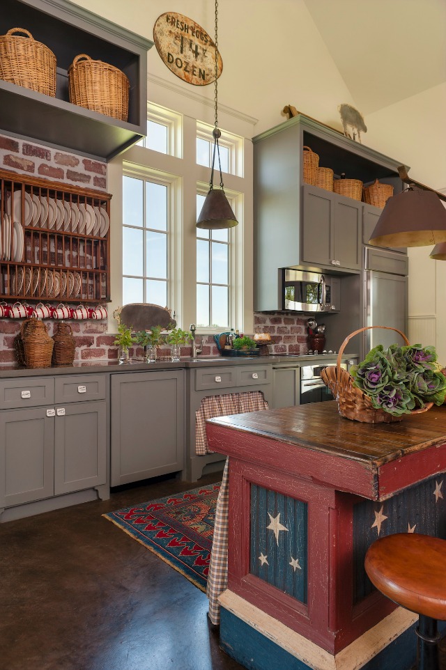 Love the color of these kitchen cabinets - and the brick backsplash kellyelko.com