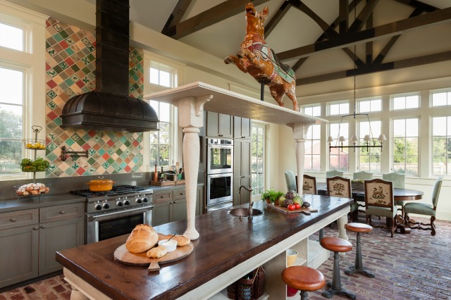 Beautiful country kitchen - love the brick floor and the colorful tile kellyelko.com