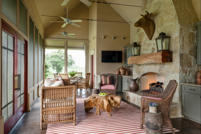 Love this cozy room with the stone fireplace and that huge wood slab as a mantel kellyelko.com