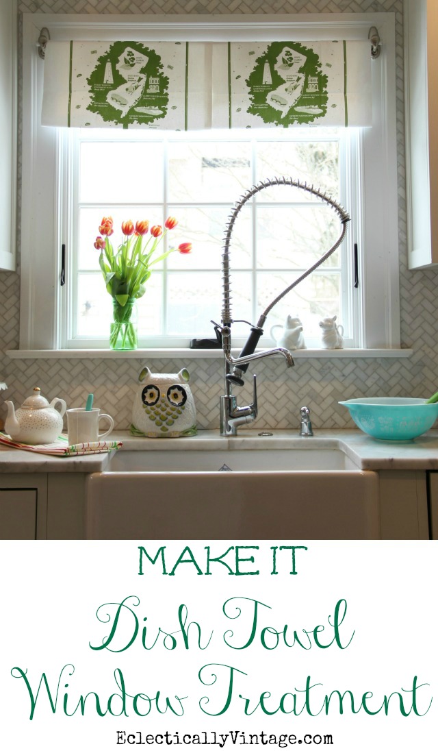 Make this fun DIY Dish Towel Window Treatment - best part, no commitment when you want to remove it! kellyelko.com