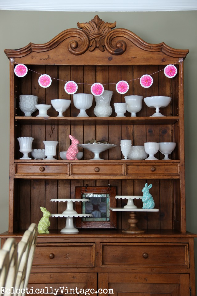 Beautiful hutch filled with milk glass kellyelko.com