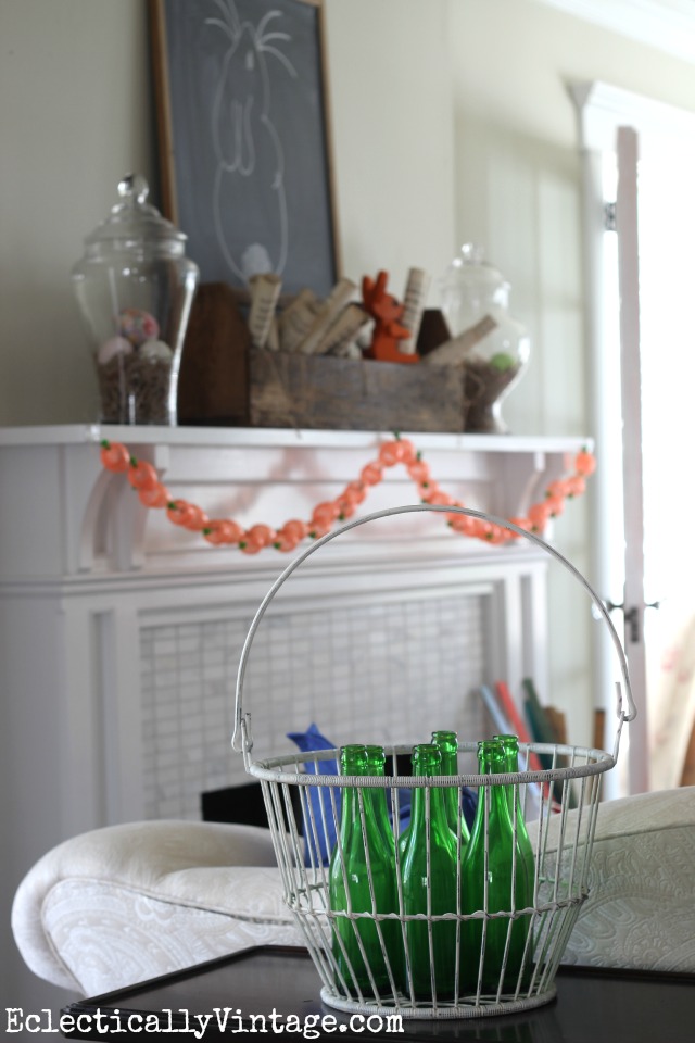 Cute rustic Easter mantel - love the old wooden toolbox kellyelko.com