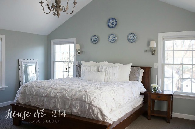 Soothing master bedroom - love the white bedding and the gray/blue walls kellyelko.com