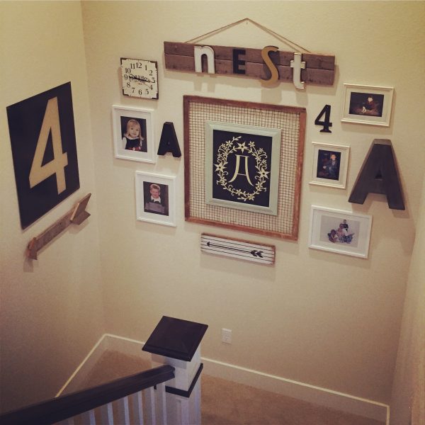 Fun staircase gallery wall - love the use of numbers and letters and mismatched frames kellyelko.com