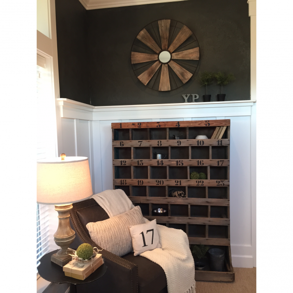 Vintage numbered cubbies lend a rustic touch to this dramatic home office kellyelko.com