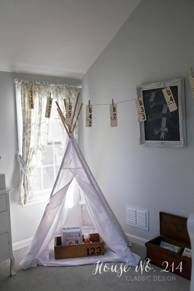Love this little teepee nook and the vintage flash card garland kellyelko.com