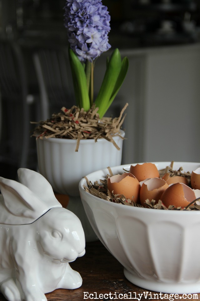 Simple spring decorating idea using natural elements - love the bowl filled with cracked eggs kellyelko.com