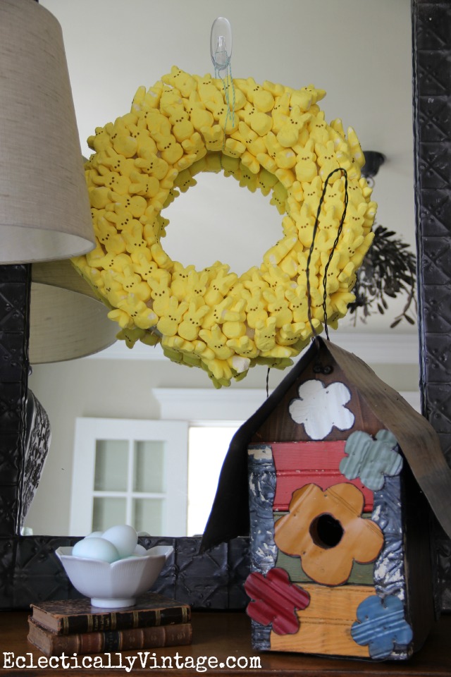 How cute is this Peeps Wreath! She made it four years ago - see how to make one that lasts kellyelko.com