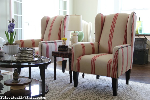 Love these red grain sack chairs in this beautiful living room kellyelko.com