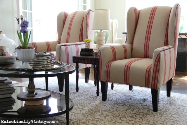 Love the red grain sack chairs in this beautiful living room kellyelko.com