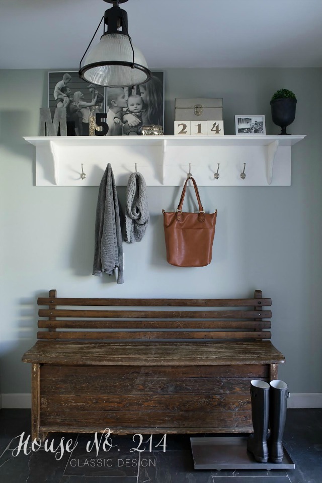 Small mudroom is large on style - love the rustic bench kellyelko.com