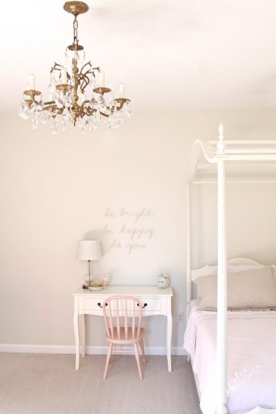 Pretty little girls bedroom - love the canopy bed and crystal chandelier kellyelko.com