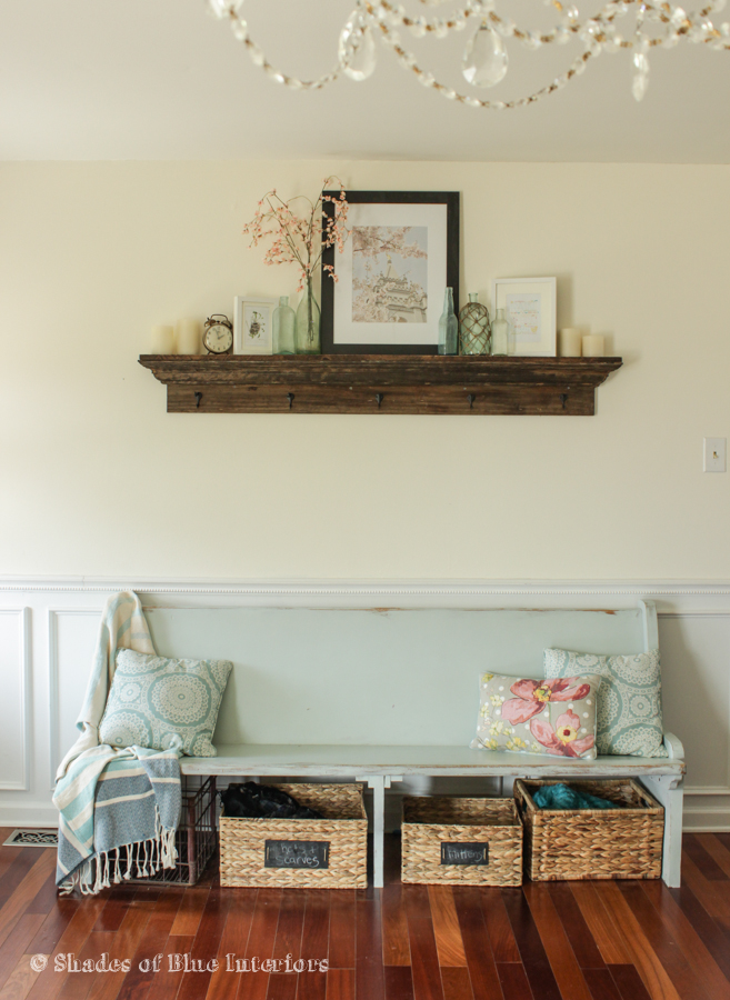 Huge church pew in the entryway - love the shelf above too kellyelko.com