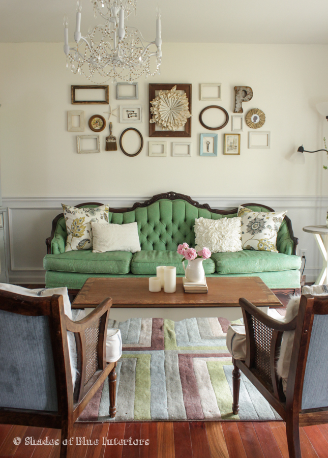 Eclectic Home Tour Shades of Blue Interiors - love the vintage green sofa! kellyelko.com