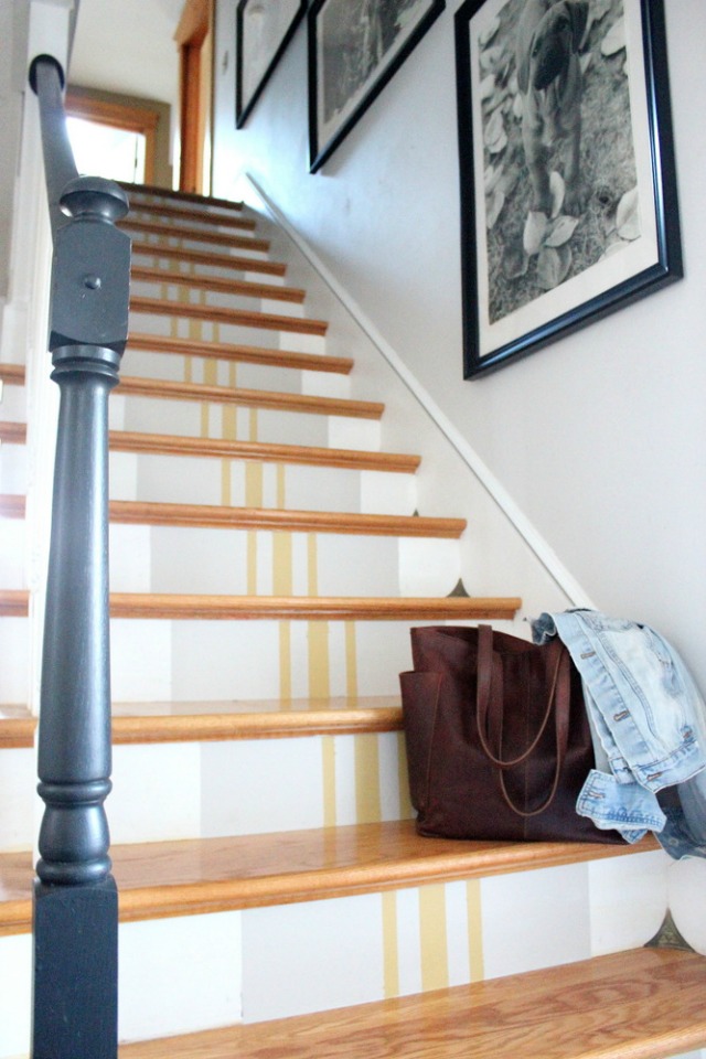 Eclectic Home Tour Tanya Clark - love the grain sack striped stairs kellyelko.com