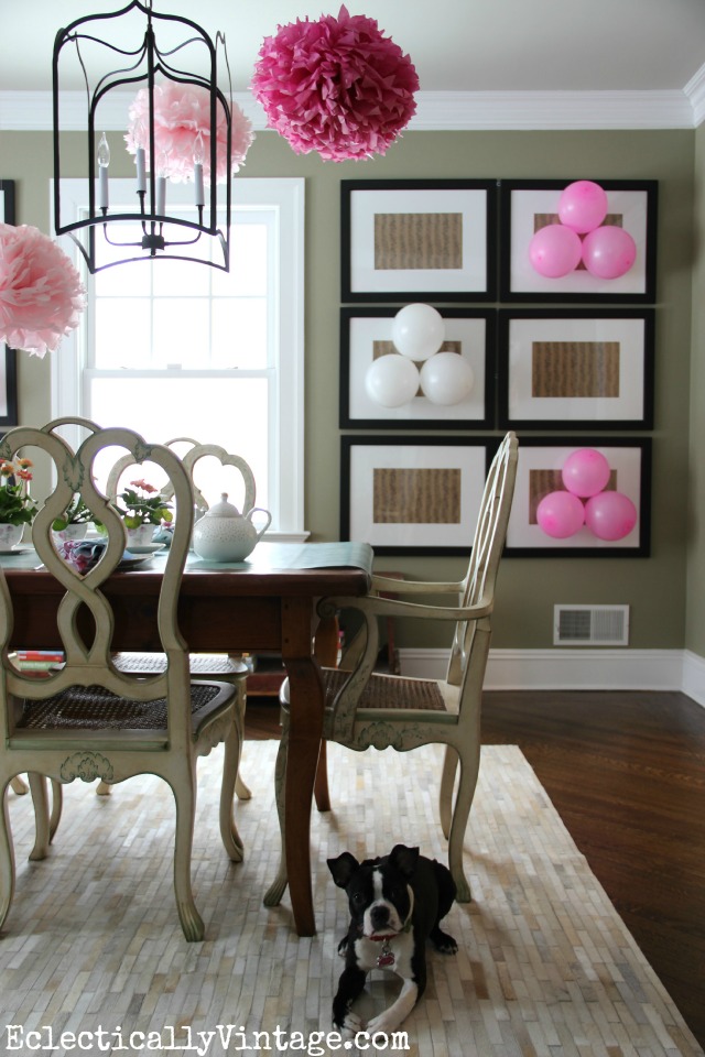 Love this festive dining room decorated for a fun spring tea party - love the way she hung the balloons from the art kellyelko.com 