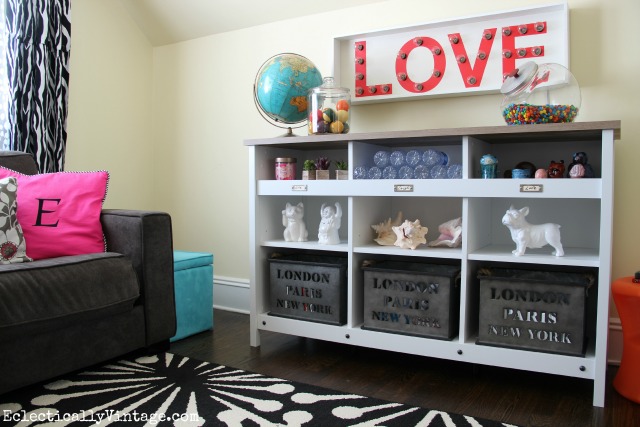 Love this cottage style cubby storage and the fun display ideas kellyelko.com