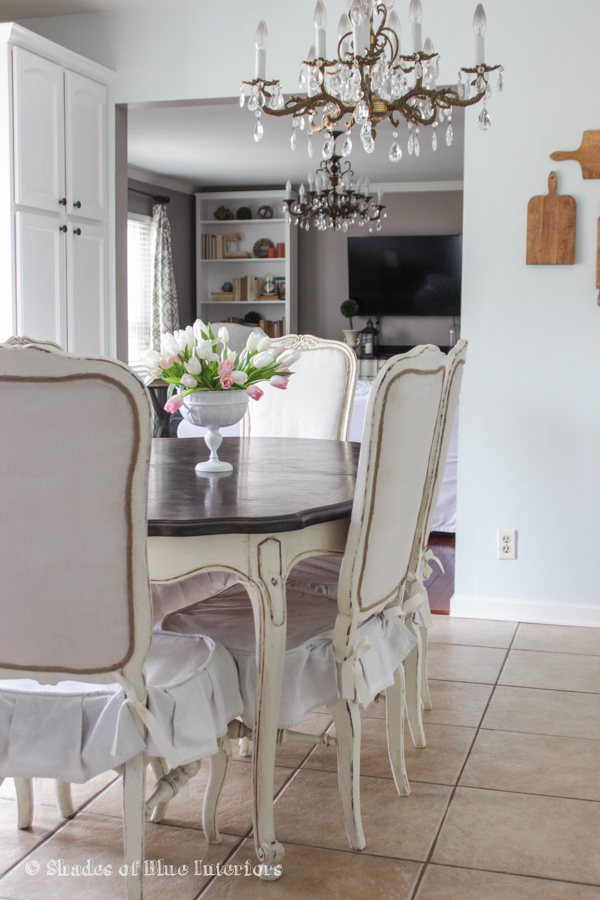 French provincial dining room set with a gorgeous crystal chandelier kellyelko.com