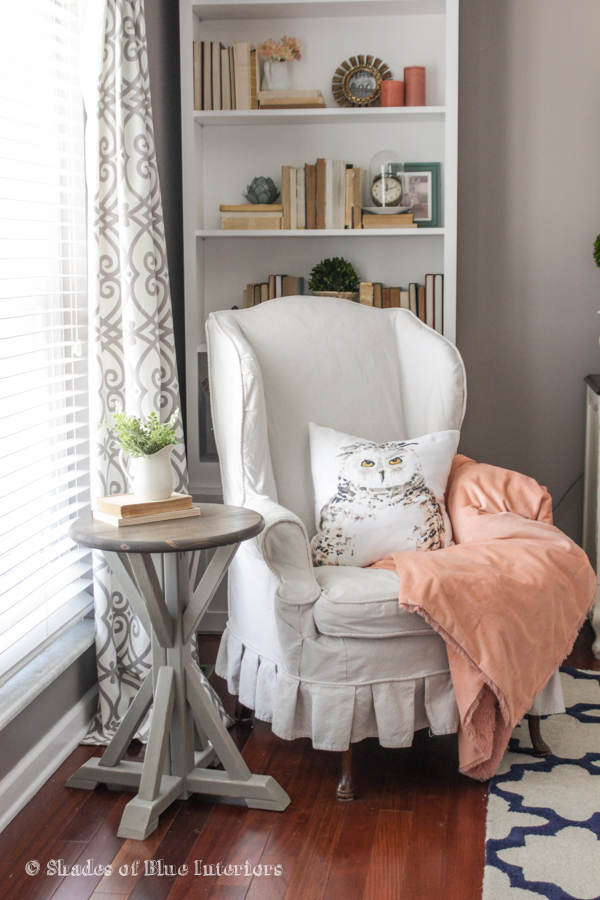Love this little reading nook with the owl pillow and the DIY side table kellyelko.com