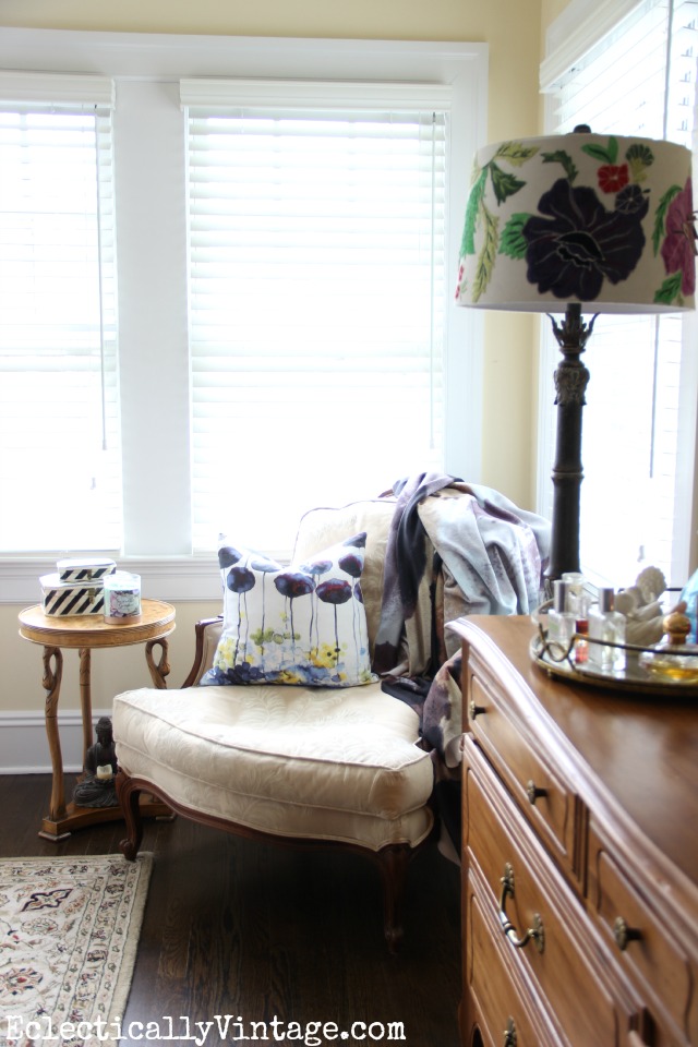 Love the embroidered lampshade and the bergere chair kellyelko.com