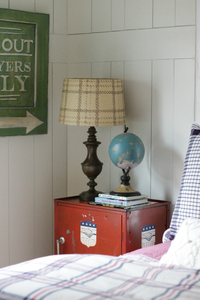 Love the red safe as a nightstand in this boys bedroom kellyelko.com