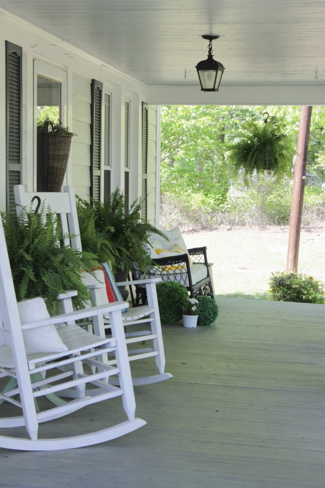 Love this charming farmhouse porch with painted floor, rocking chairs and ferns kellyelko.com