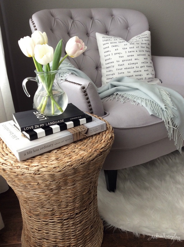 Cozy reading nook - love the tufted chair kellyelko.com