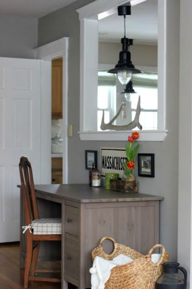 Small home office nook - love the industrial pendant light kellyelko.com