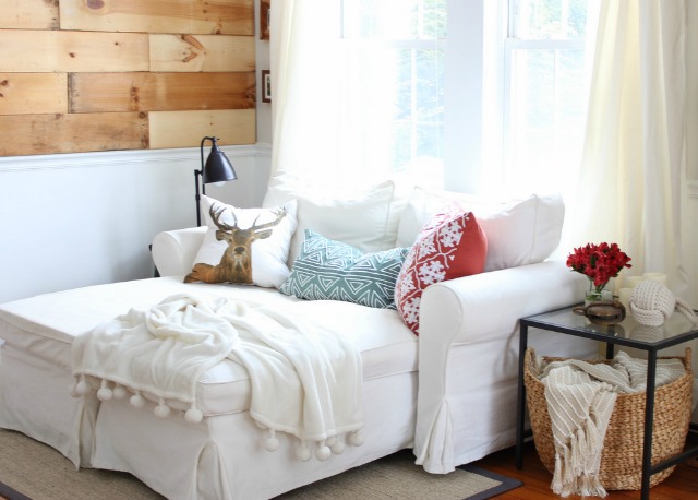 Love the wood accent wall and white chaise lounge kellyelko.com