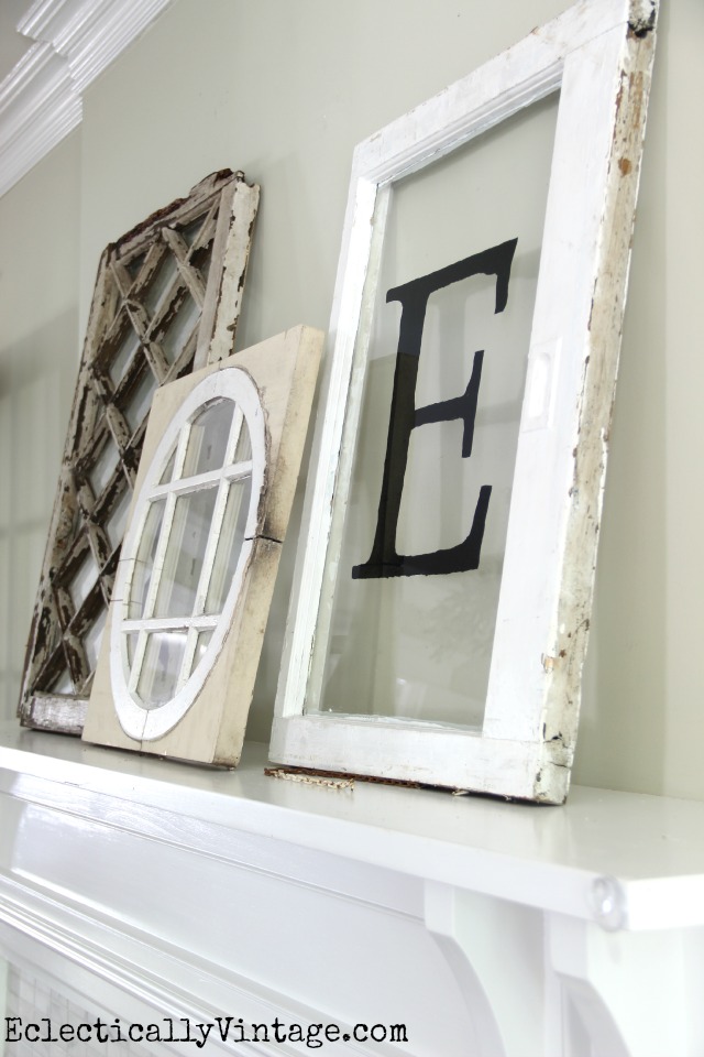 Antique window decor - perfect as a collection propped on a mantel kellyelko.com