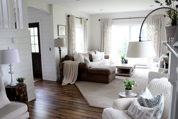 Cozy family room - love the open floor plan, plank walls and dark wood floors kellyelko.com