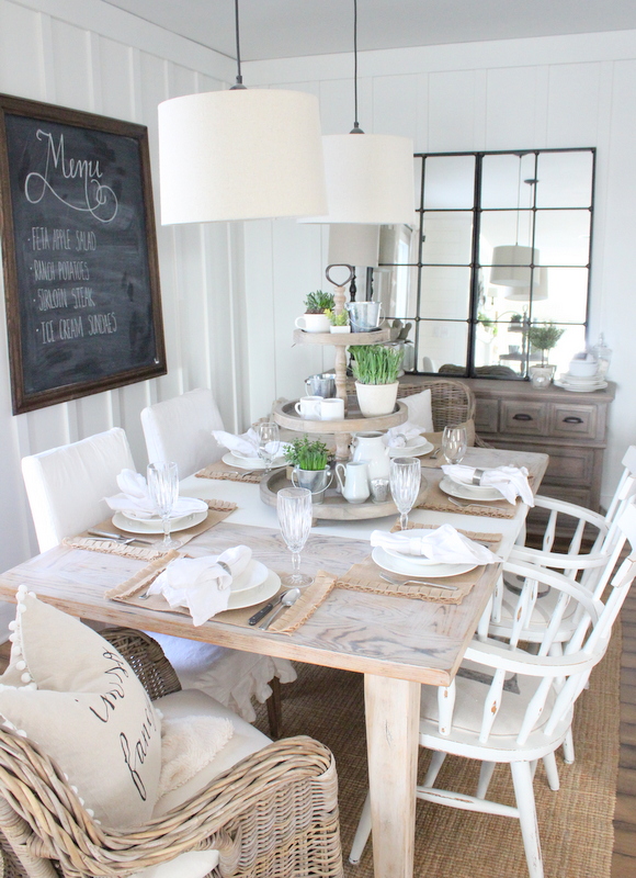 Country casual dining room  - love the bead board walls, double chandeliers and huge mirror kellyelko.com