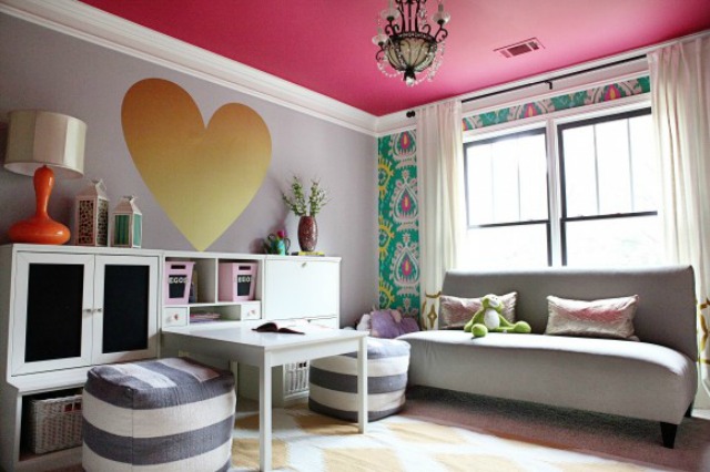 Love this cute playroom and the pink ceiling kellyelko.com