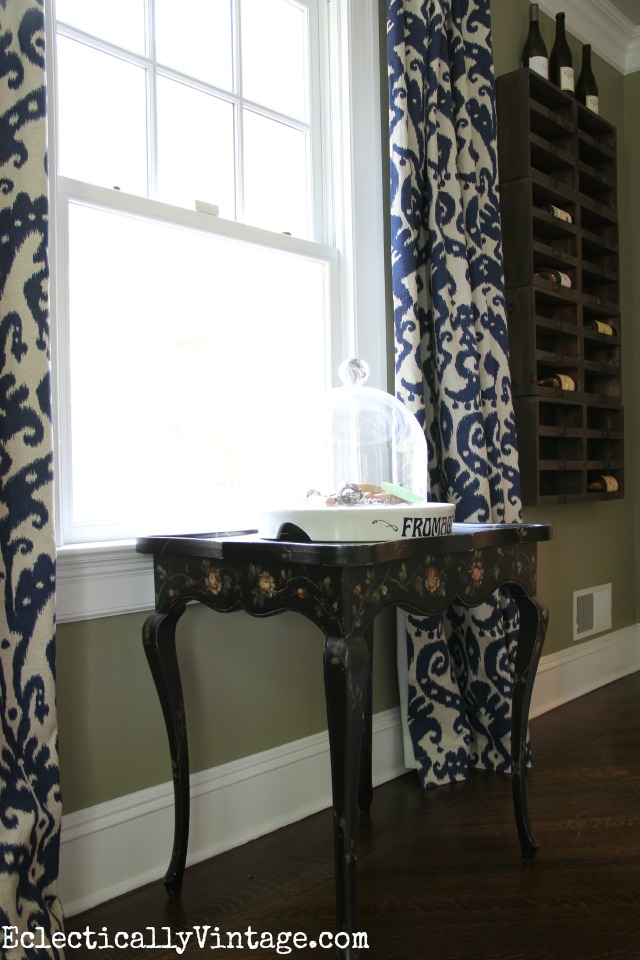 Love this black flower painted tea table in front of a window kellyelko.com