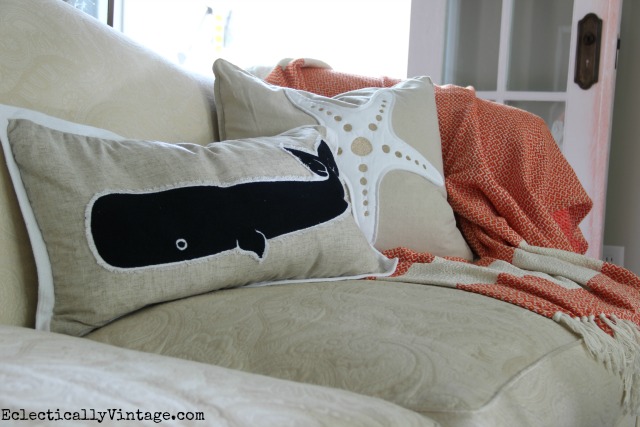 Love these coastal pillows - blue whale and starfish kellyelko.com 
