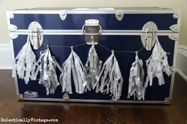 Such a great graduation gift idea - a trunk!  Love the way she decorated it with the fringe tassel garland kellyelko.com