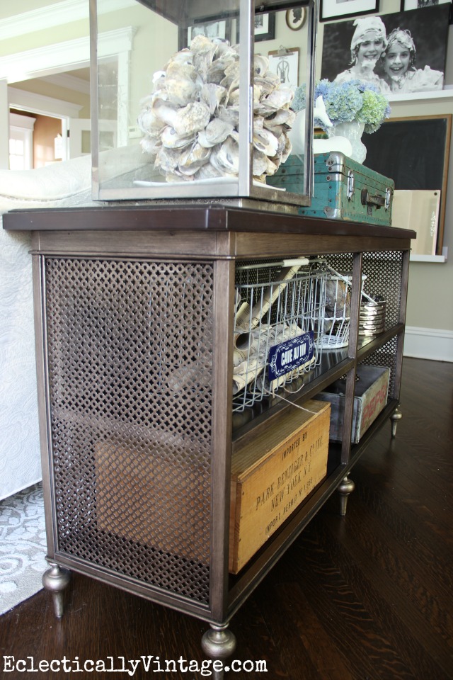 Love this sofa table - reminds me of a vintage radiator screen kellyelko.com