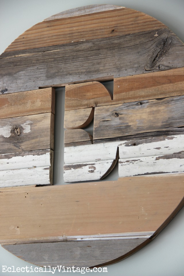 LOVE this rustic, reclaimed wood monogram kellyelko.com