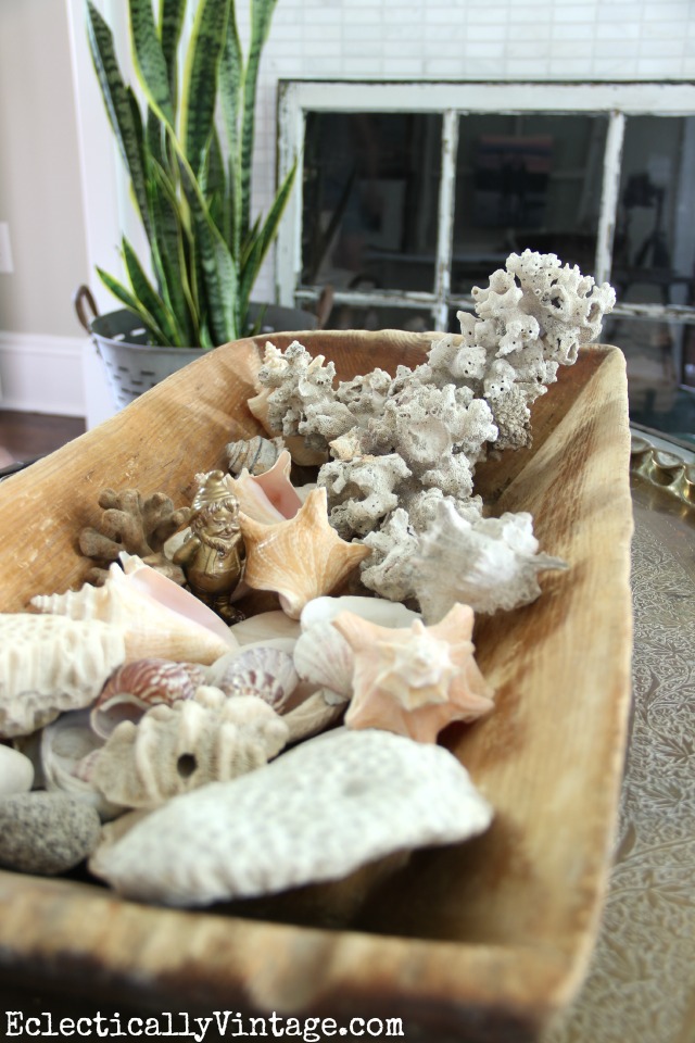 Love this huge old dough bowl filled with shells kellyelko.com