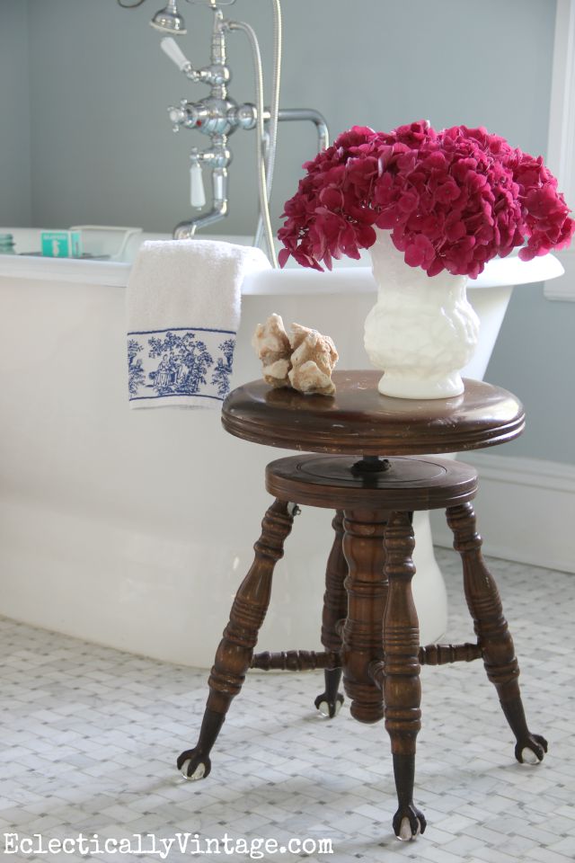 Love the freestanding bathtub, the marble floor in this vintage inspired master bathroom kellyelko.com