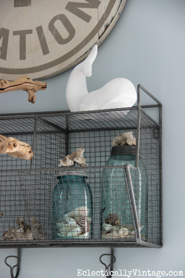 I love all of these beachy accessories - the shells, coral and blue mason jars kellyelko.com