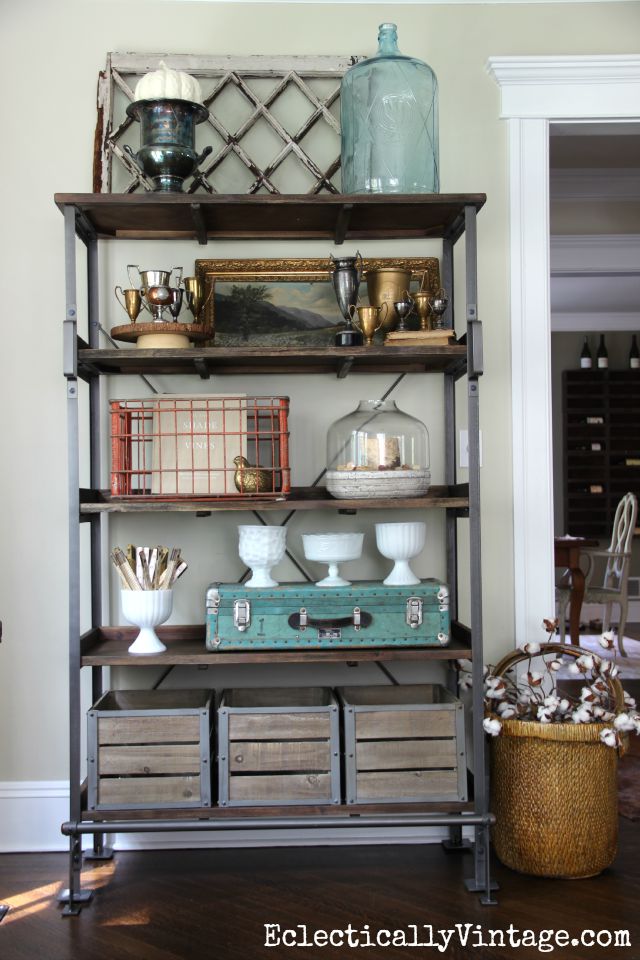 Open Shelving Display - love the look of this and how she added storage for clutter kellyelko.com