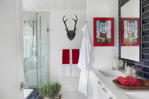 Cottage bathroom - love the clean white color with pops of red kellyelko.com