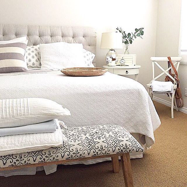 Love this neutral master bedroom and the tufted headboard kellyelko.com