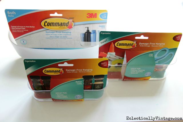 Command caddies - love the way she used these for makeup organization! kellyelko.com #DamageFreeDIY