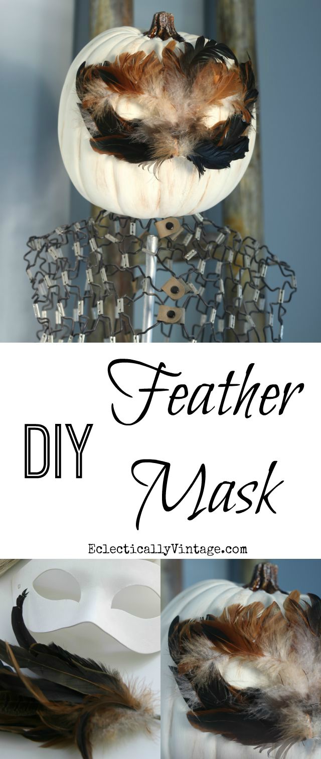 DIY Feather Mask Pumpkin - looks so cute on the vintage dress form! kellyelko.com