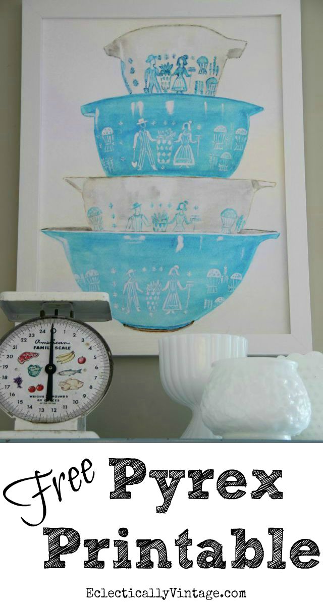 Free Watercolor Vintage Pyrex Printable - perfect art for any kitchen kellyelko.com