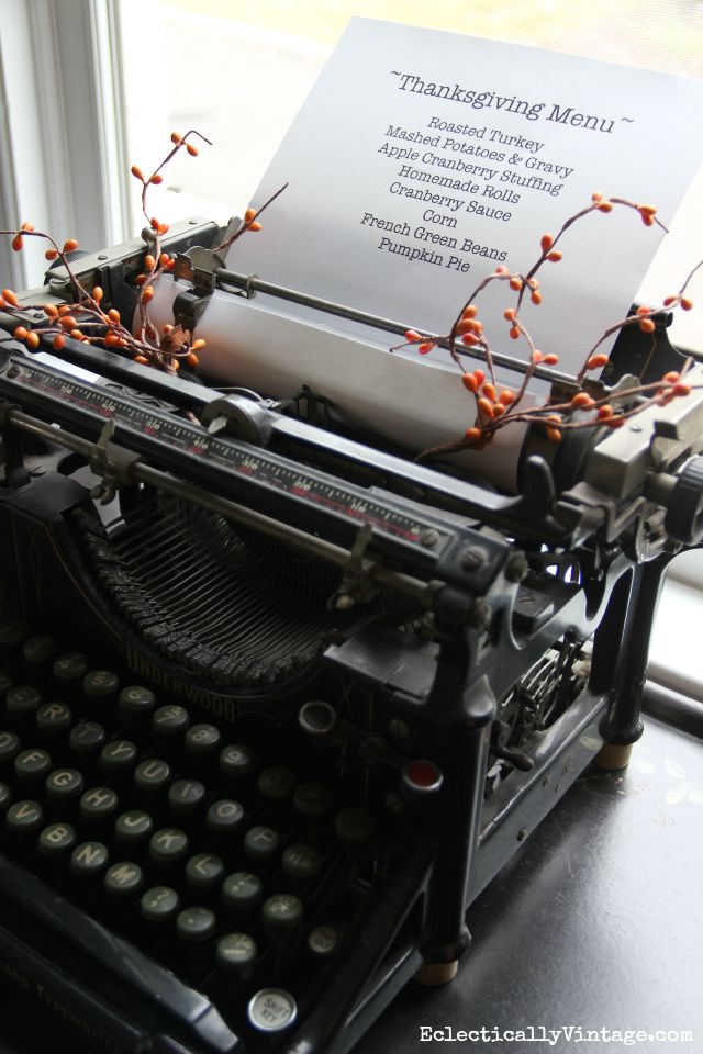 Love this Thanksgiving menu on an antique typewriter kellyelko.com