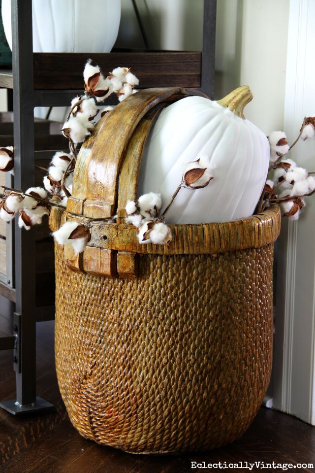 Fall basket filled with cotton a white pumpkin kellyelko.com