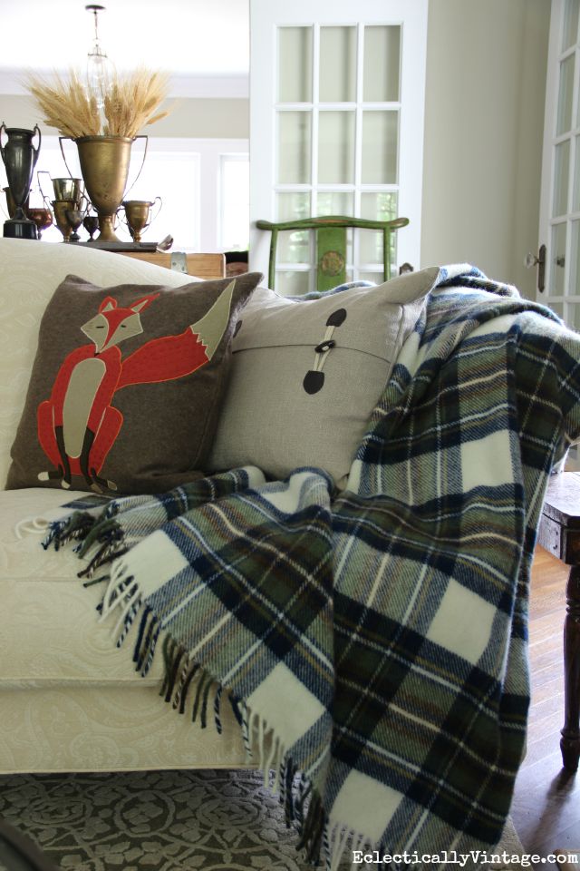 Cozy blue plaid throw and the cutest fox pillow for fall kellyelko.com